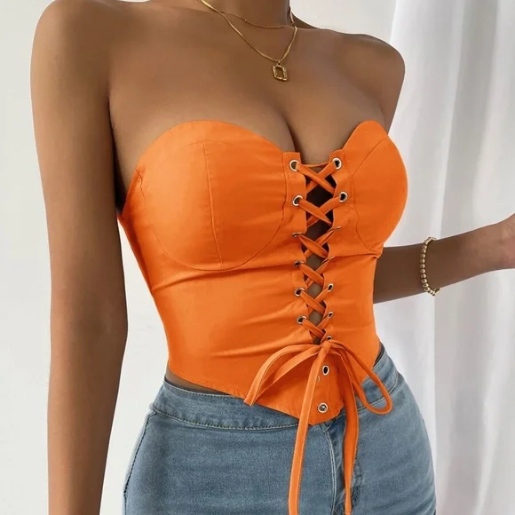 Boho Orange Lace up Bustier Corset Cropped Top - Picture 11 of 15